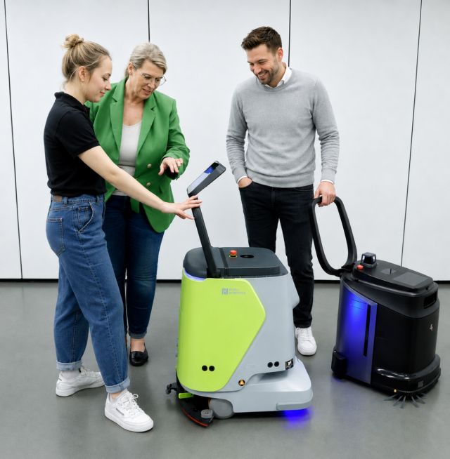 RoboPlanet Mitarbeiterin Evelyn Zühl und RoboPlanet Head of Sales Alexander Kiss mit Kundin am Touchscreen des Pudu CC1