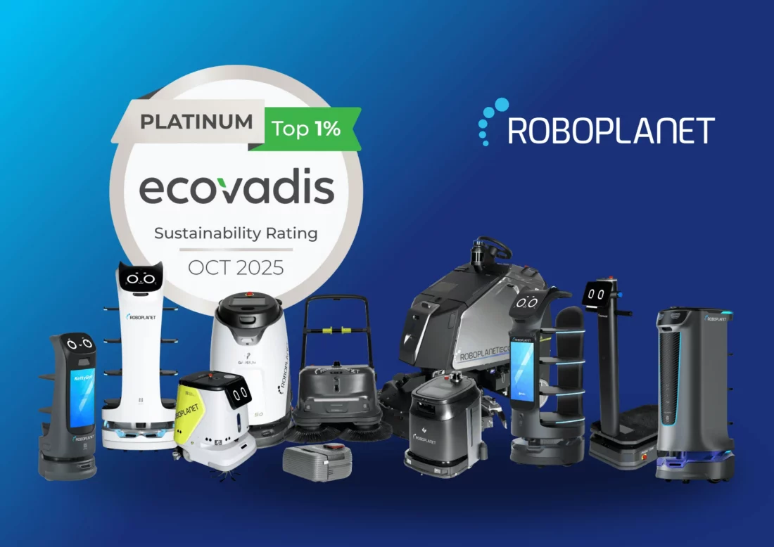 Collage aus der Roboter Flotte und dem Ecovadis-Siegel, das RoboPlanet mit Platin auszeichnet