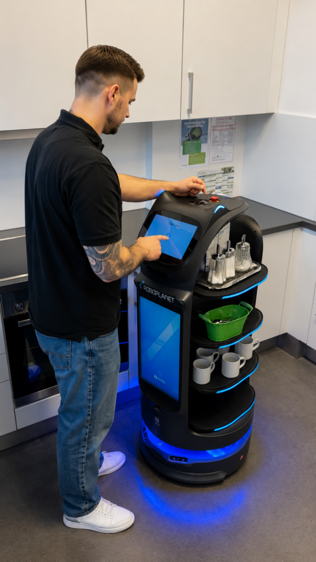 Pudu BellaBot Pro wird von RoboPlanet Mitarbeiter eingewiesen