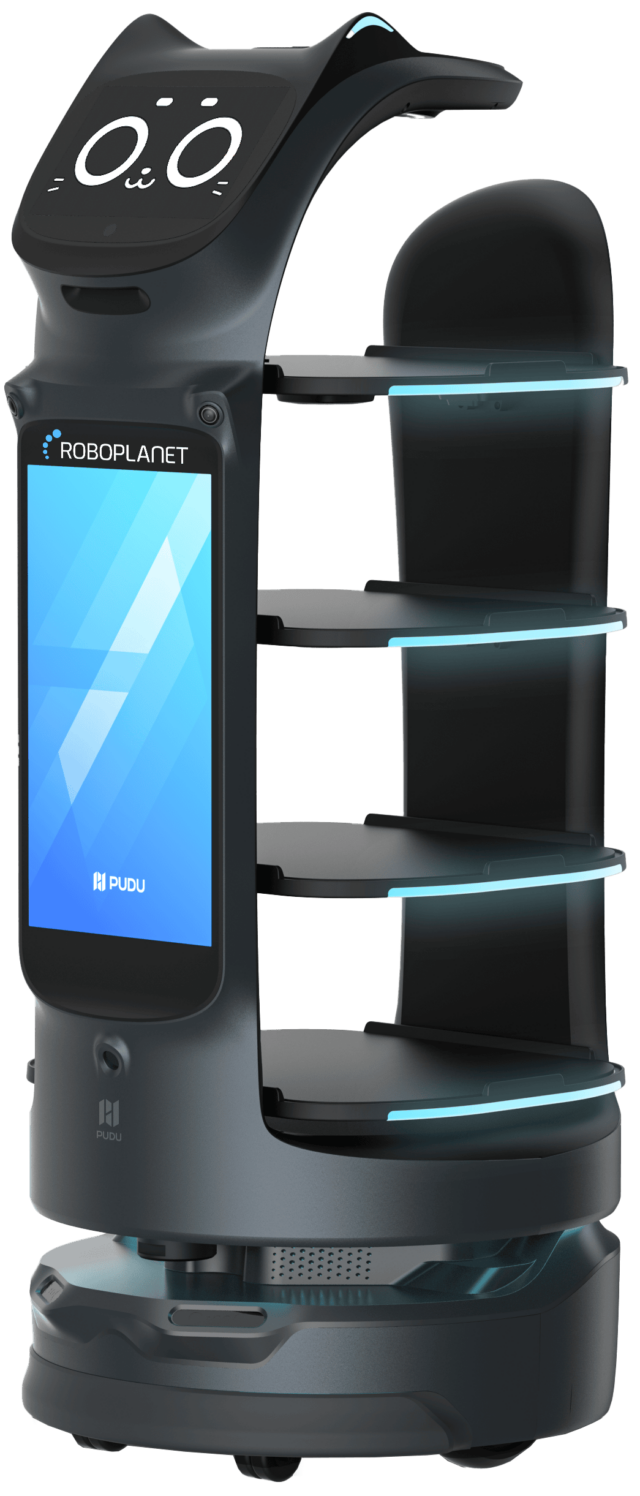 Pudu BellaBot Pro mit Werbebildschirm als Freisteller mit RoboPlanet Logo