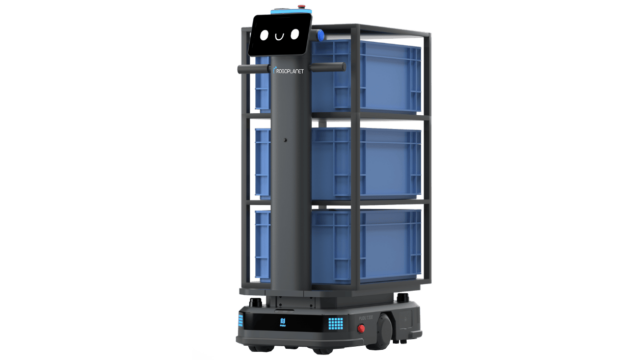 Zwei Pudu T300 Lieferroboter von RoboPlanet als Freisteller mit Körben