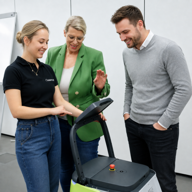 RoboPlanet Mitarbeiter und Kunde beim Bedienen des Touchscreens des Pudu CC1