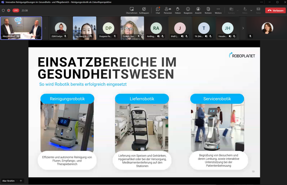Screenshot aus Webinar, Slide zeigt die Einsatzbereiche im Gesundheitswesen