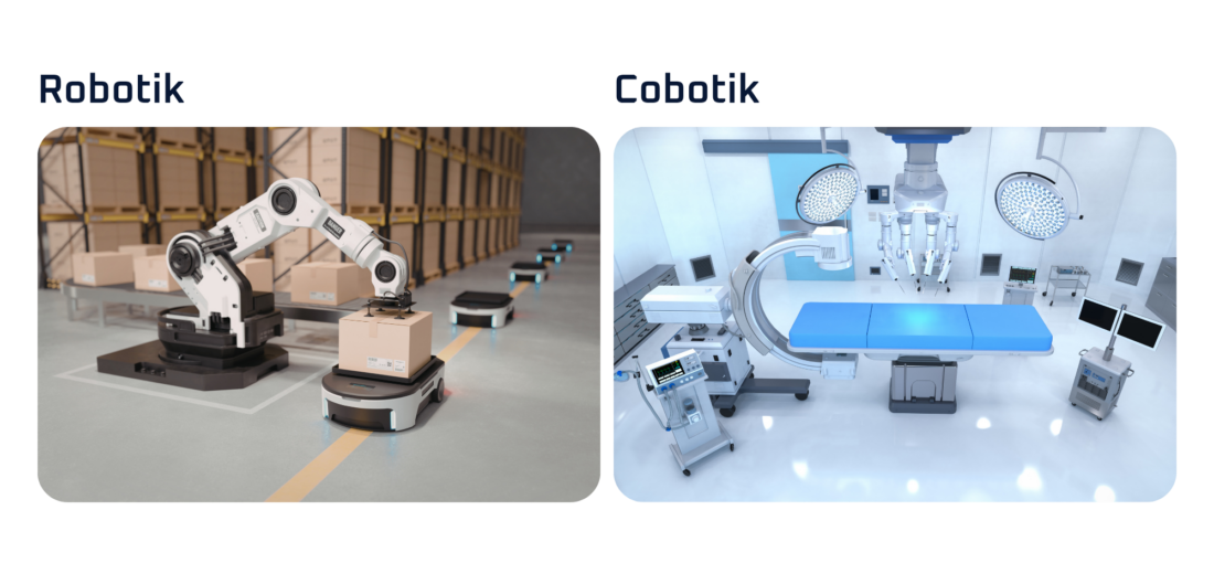 Vergleich zwischen autonomer Robotik und Cobotik, wo Mensch und Maschine gemeinsam agieren