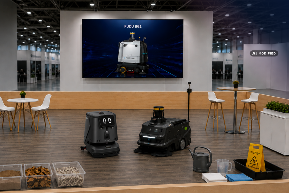 Messeanükündigung Clean pro Expo 2026: Man sieht den CC1 Pro Disc und MT1 Max von Pudu auf der Robotik-Demofläche. Im Hintergrund einen Bildschirm, der den Pudu BG1 Pro zeigt.