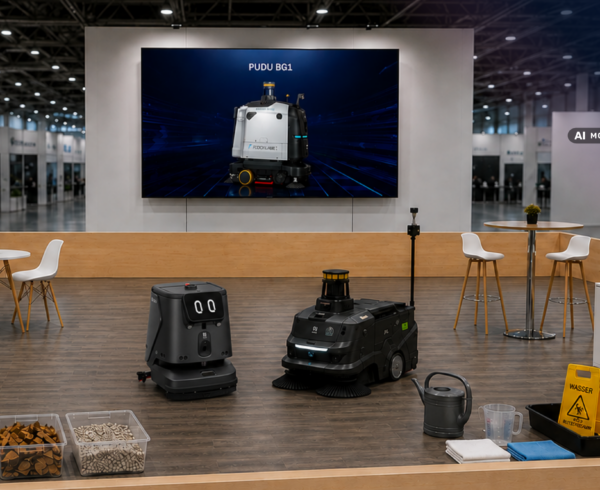 Messeanükündigung Clean pro Expo 2026: Man sieht den CC1 Pro Disc und MT1 Max von Pudu auf der Robotik-Demofläche. Im Hintergrund einen Bildschirm, der den Pudu BG1 Pro zeigt.