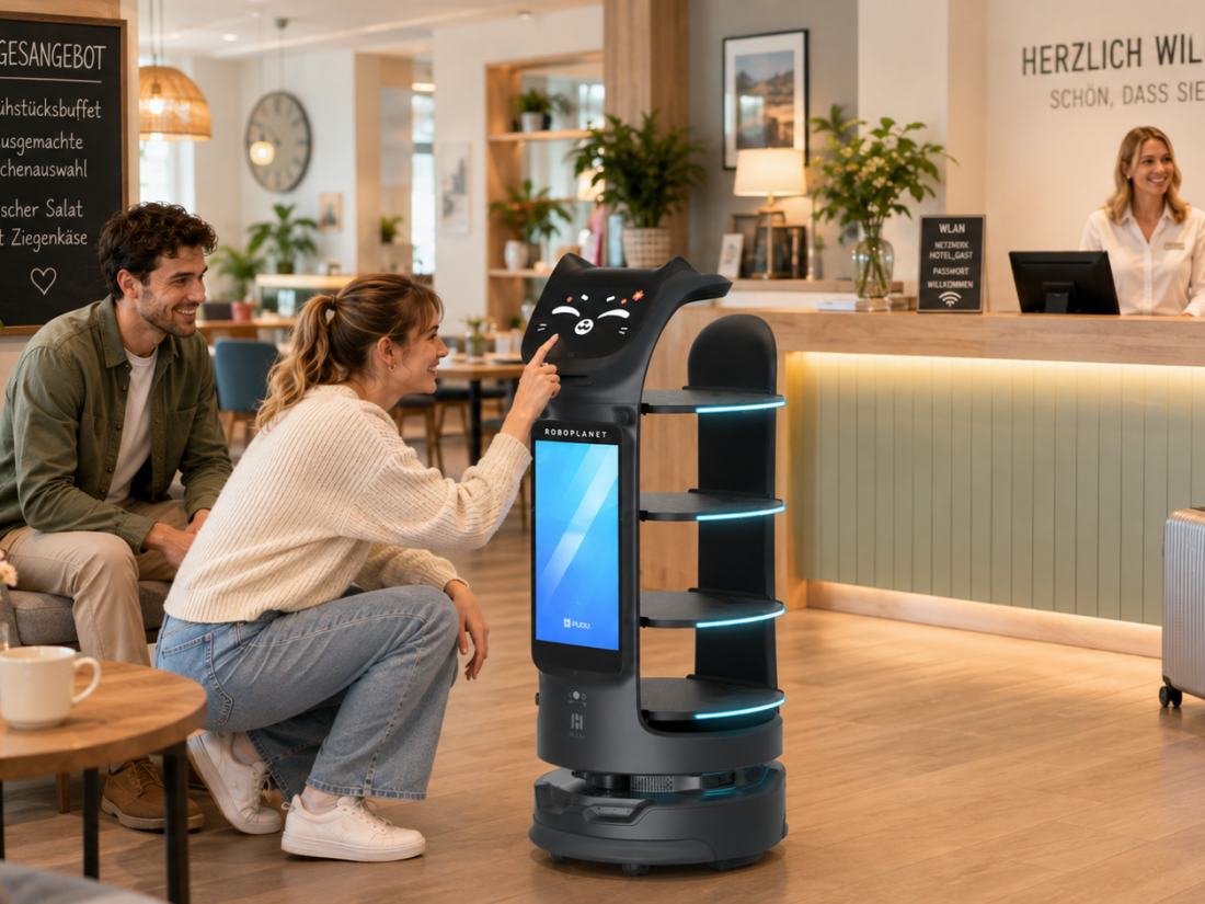 Der Pudu BellaBot Pro von RoboPlanet am Hotelempfang in Interaktion mit Gästen in lockerer Stimmung als Zoom