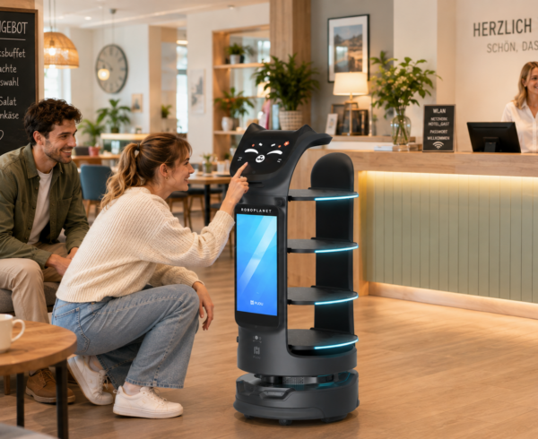 Der Pudu BellaBot Pro von RoboPlanet am Hotelempfang in Interaktion mit Gästen in lockerer Stimmung als Zoom