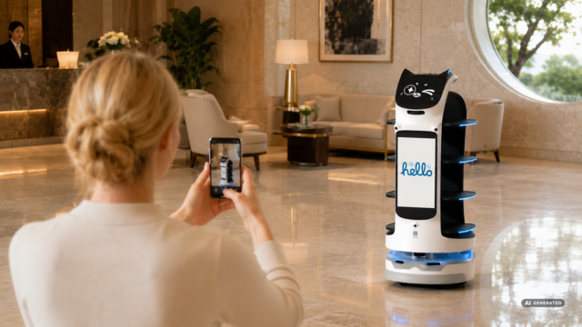 BellaBot Pro im Hotel wird von Kundin mit Smartphone fotografiert und macht dabei Zwinkeraugen