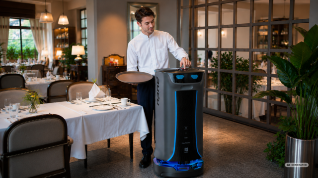 Serviceroboter Pudu HolaBot mit Servicekraft im Restaurant beim Geschirr platzieren